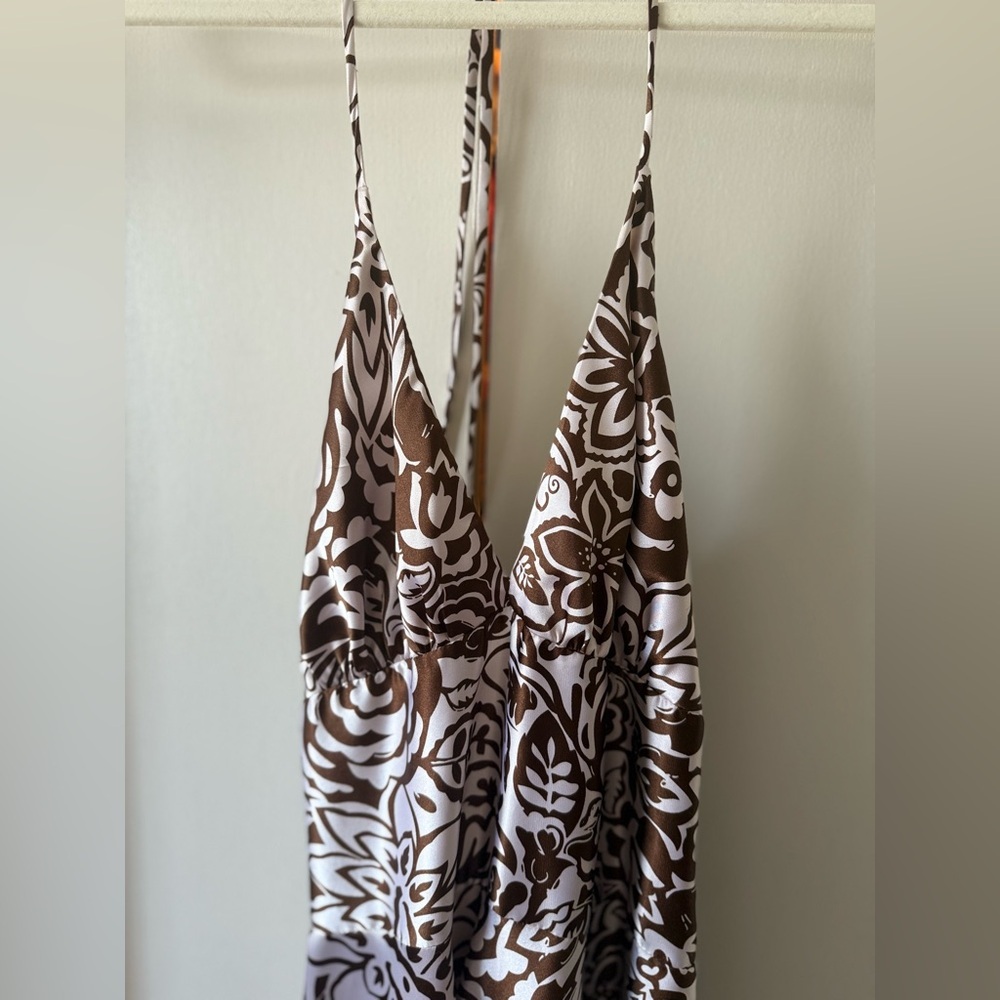 Vintage Y2K 2000s Alyn Paige Brown and White Floral Halter Mini-Midi Dress - Picture 3 of 6